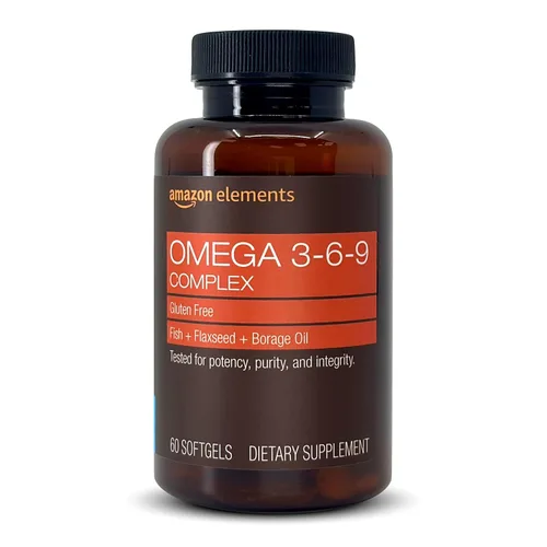 Amazon Elements Omega 3-6-9 Complejo de pescado, linaza y aceite de borraja - Ácidos grasos omega-3 EPA y DHA - 60 cápsulas blandas, suministro para