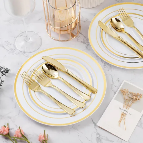 Miniatura 2 de BESTVIP Juego de 600 platos de plástico dorados (para 100 invitados), platos de plástico para fiesta, boda, cumpleaños, juego de vajilla desechable