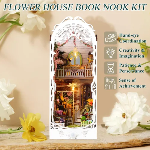Miniatura 2 de TuKIIE Kit de bricolaje en miniatura para rincón de libro, estantería de casa de muñecas con sensor de luz y a prueba de polvo, soporte decorativo