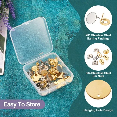 Miniatura 4 de 32 aretes de acero inoxidable 201, aretes redondos planos de acero inoxidable de 24 quilates, con pasador de acero inoxidable 304 para aretes