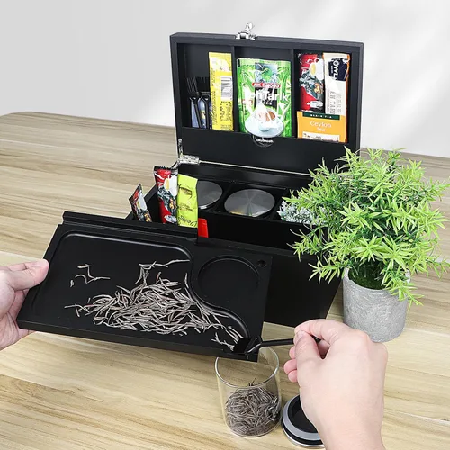 Miniatura 7 de lotmusic Caja de almacenamiento grande con bandeja extraíble deslizable, caja decorativa de bambú con 3 tarros de vidrio, cepillos de limpieza