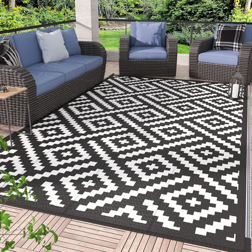 Miniatura 12 de GENIMO Alfombra de exterior impermeable de 5 x 8 pies, alfombras reversibles, alfombra de área, alfombra de plástico para exteriores, alfombra Negro