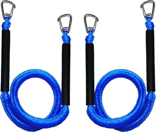 Blue Bungee Dock Lines Paquete de 2 con ganchos dobles y tubos flotantes - Cuerdas de barco resistentes para moto acuática, pontón, kayak, 4 pies a