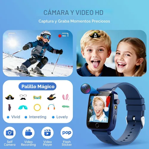 Miniatura 4 de Reloj inteligente para niños con 26 juegos de rompecabezas, reloj para niños con pantalla táctil HD, cámara, reproductor de música, reloj Azul