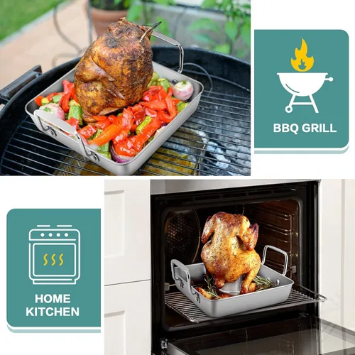 Miniatura 7 de P&P CHEF Soporte para Pollo con Lata de Cerveza con Juego de Bandeja para Asar, Molde Cuadrado de Acero Inoxidable de 9 Pulgadas y Rejilla