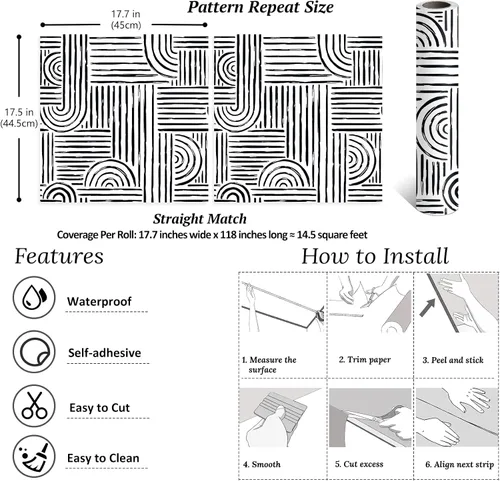 Miniatura 8 de VEELIKE Papel tapiz geométrico blanco y negro para despegar y pegar, papel tapiz abstracto moderno para dormitorio, baño, decoración de pared