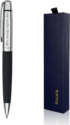 Ancolo Bolígrafo cromado plateado grabado, impresionante bolígrafo de lujo con piel sintética, personaliza tu mensaje, nombre, juego de regalo para