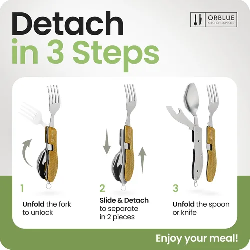 Miniatura 3 de Orblue Utensilios de comida 4 en 1, paquete de 2 – Cuchara portátil, tenedor, cuchillo y abridor de botellas – Cubiertos de acero inoxidable
