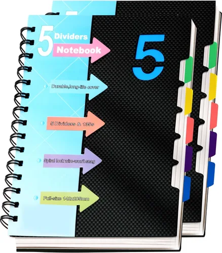 Miniatura 15 de CAGIE- Cuaderno pequeño universitario con tapa en espiral, A5 de 5 x 7 pulgadas, con pestañas separadoras extraíbles para 5 materias, 220 páginas