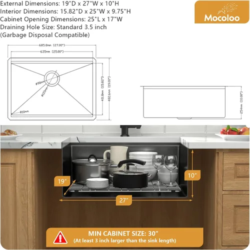 Miniatura 4 de Mocoloo - Fregadero de cocina negro con estación de trabajo de 27 x 19 pulgadas, fregadero de cocina con estación de trabajo empotrada, color negro