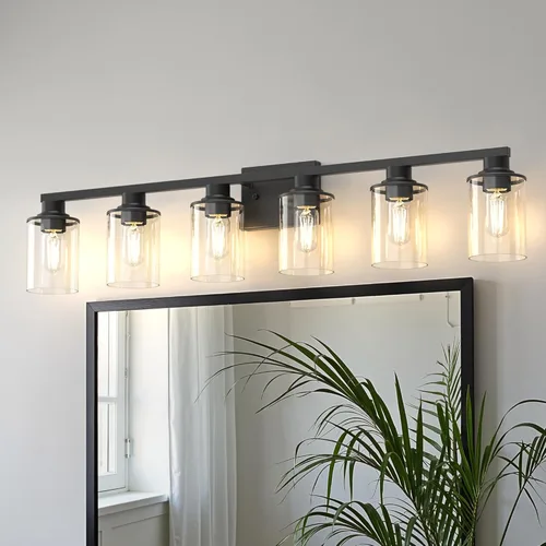 Miniatura 65 de DORESshop Lámparas de baño, 3 luces negras y doradas para baño sobre espejo con pantalla de vidrio transparente, luces de tocador para baño, Negro