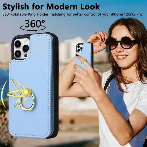 Miniatura 3 de Funda tipo cartera para iPhone 12 y 12 Pro con soporte para tarjetas, rotación de 360°, soporte de anillo de dedo con función atril, protección