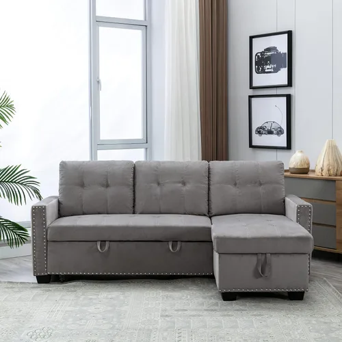 Miniatura 3 de Sofá modular con cama extraíble, sofá esquinero tapizado de terciopelo de 76.8 pulgadas con marco de madera maciza de 2 asientos y diván de Gris