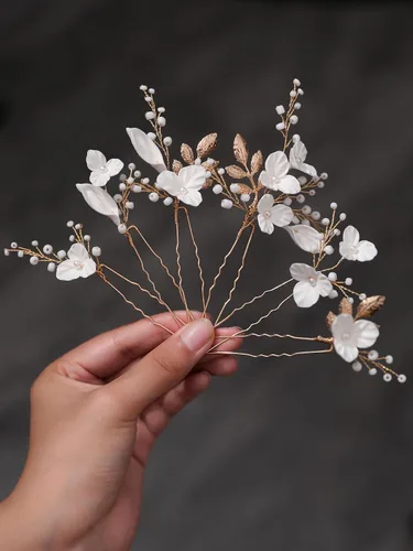 Miniatura 5 de Horquillas de perlas con cuentas, 6 piezas, tocado de novia hecho a mano, flor 3D en forma de uña, hada, novia, piezas de cabello para boda, hoja