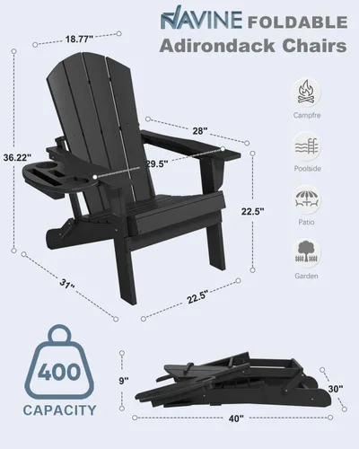 Miniatura 2 de NAVINE Juego de 2 sillas Adirondack plegables de polietileno de alta densidad con portavasos multifuncional, resistente a la intemperie, para Negro