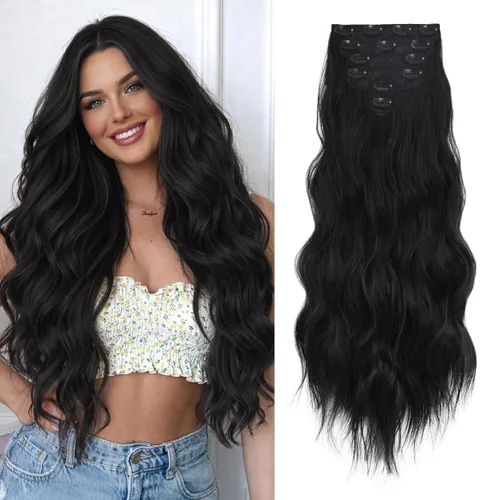 Miniatura 19 de NAYOO Extensiones de cabello con clip, de 20 pulgadas, largo, ondulado, rizado, rubio ceniza, extensiones de cabello sintético de cabeza completa