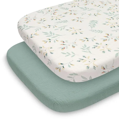Blissful Diary Sábanas de moisés de muselina para bebés niñas y niños, algodón suave bohemio ajustadas para colchón oval, reloj de arena, Verde