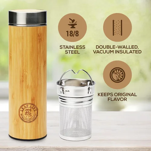 Miniatura 4 de LeafLife Botella de Té de Bambú Premium para Té Suelto - Botella Infusora de Té - Regalos de Té - Botella de Agua Aislada/Vaso de Café/Té - Set