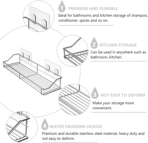 Miniatura 2 de Hemoton Estante de baño de acero inoxidable para ducha, organizador de cesta de almacenamiento montado en la pared, soporte para cocina, inodoro
