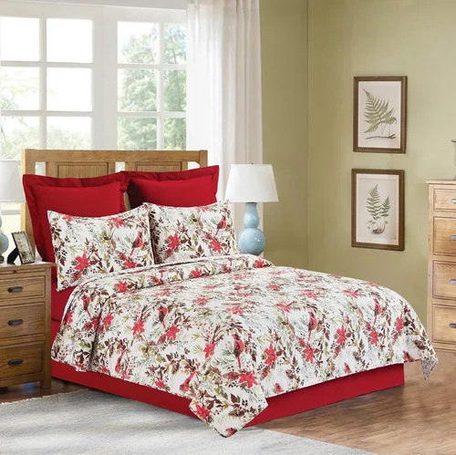 Miniatura 4 de C&F Home Averie - Juego de edredón reversible botánico con acebo y ramitas navideñas, diseño de cardenal y flor de pascua, tamaño matrimonial/queen