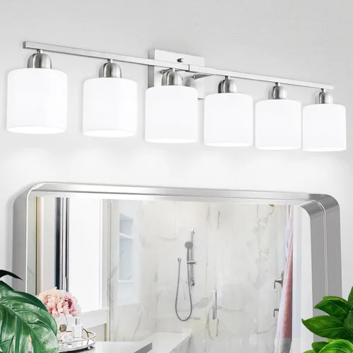 Miniatura 33 de Luz de baño de níquel cepillado, Luz de tocador de baño de 2 luces de níquel cepillado, Lámpara de tocador con pantallas de vidrio esmerilado blanco
