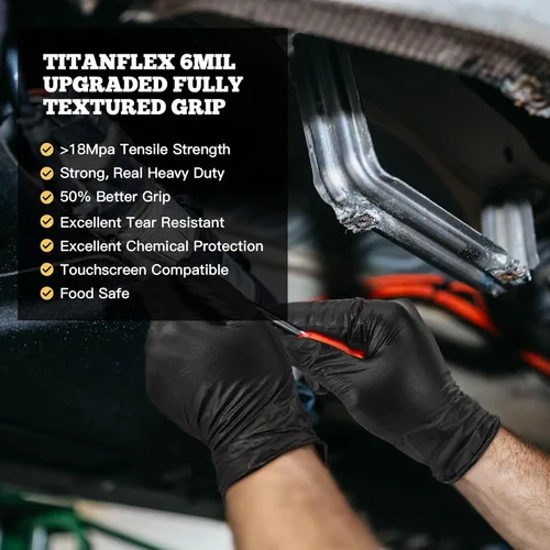 Miniatura 7 de TitanFlex Heavy Duty Black Nitrile Gloves, 6 Mil, Fully Textured, Mechanic Disposable Gloves, Latex Free, Powder Free