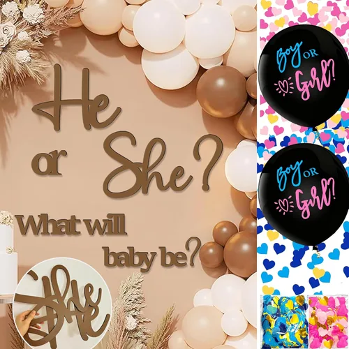 Miniatura 16 de Grandes calcomanías de revelación de género para telón de fondo, señal de baby shower de madera, ¿él o ella? ¿Qué será el bebé? Arco de globos