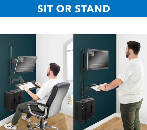 Miniatura 3 de Mount-It! Estación de trabajo de montaje en pared con soporte para monitor individual, bandeja para teclado y soporte para CPU, brazos ajustables