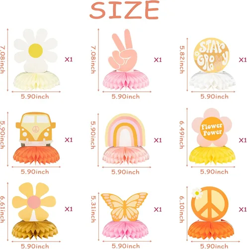 Miniatura 2 de 9 piezas Groovy Hippie Boho Party Honeycomb Centers Retro Boho Rainbow Daisy Flower Butterfly Peace Theme Decoración de fiesta de cumpleaños
