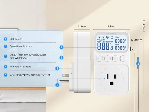 Miniatura 9 de INKBIRD Termostato digital Salida Controlador de temperatura Toma de corriente Control de calefacción/enfriamiento 1200W 10A Pantalla retroiluminada