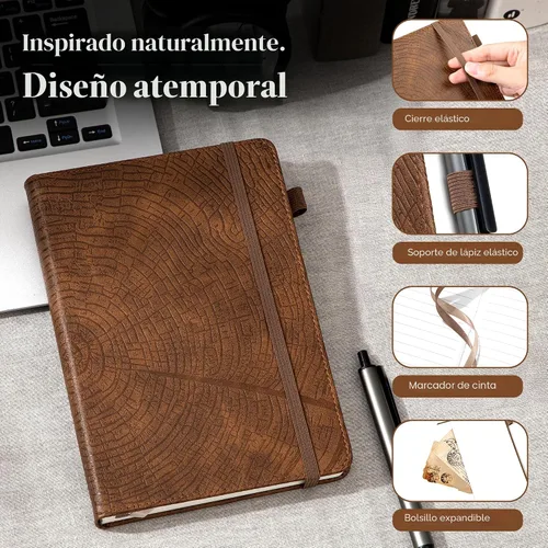 Miniatura 2 de Diario forrado con líneas de CAGIE para hombres y mujeres, diario encuadernado en cuero con anillos de crecimiento de árboles, cuaderno de 256
