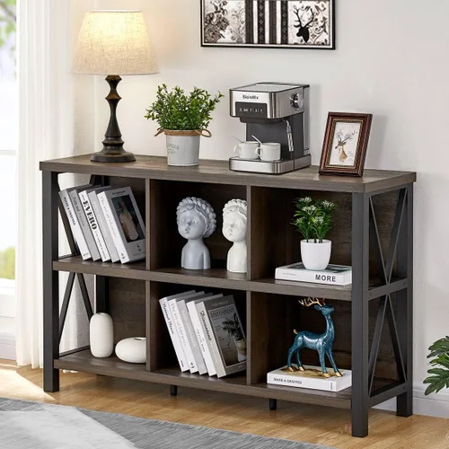 Miniatura 9 de FATORRI Organizador de almacenamiento de 6 cubos con estante, estantería horizontal corta para sala de estar, estantería de madera y metal, estante