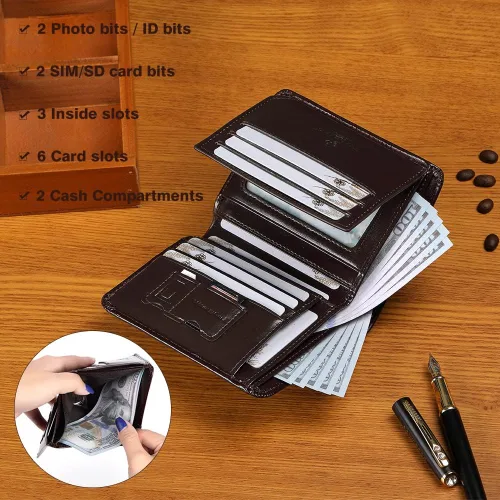 Miniatura 5 de CHANPINCL Billetera de piel triple con bloqueo RFID para hombre con 2 ventanas de identificación, 2 compartimentos para efectivo, 6-8 ranuras