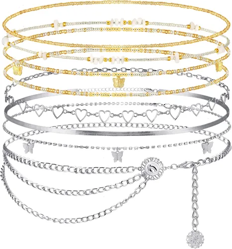 JenPen 8 unidades de cadena de vientre ajustable para verano, playa, bikini, cuentas de cintura bohemia para mujeres y adultos, cadena de cuerpo