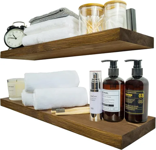 Miniatura 34 de BGMG Estantes flotantes de madera de 12 pulgadas, estantes flotantes negros, estantes de pared de madera maciza para baño, sala de estar