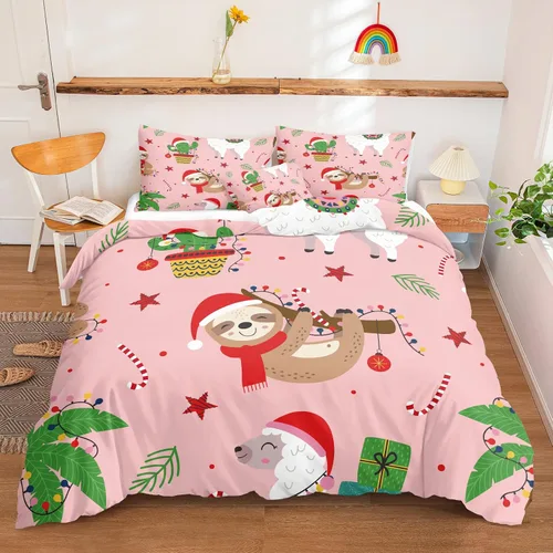 Miniatura 47 de Juego de ropa de cama de Navidad con funda de edredón de copos de nieve, color blanco y rojo, con estampado navideño, juego de ropa de cama festiva