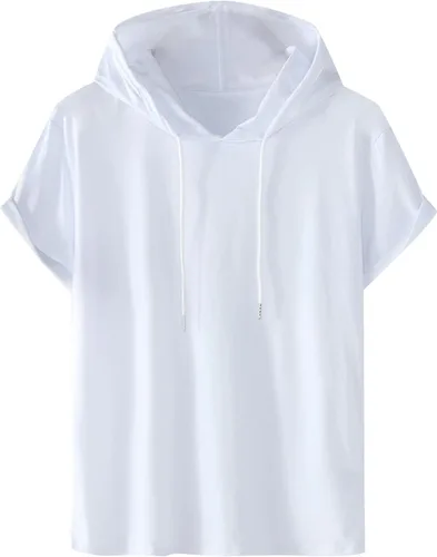 Miniatura 5 de Mens Cotton T Shirts Short Sleeve Solid Color Hooded Pullover Tops Casual Stylish Regular-Fit Sport Summer Shirt #01 negro