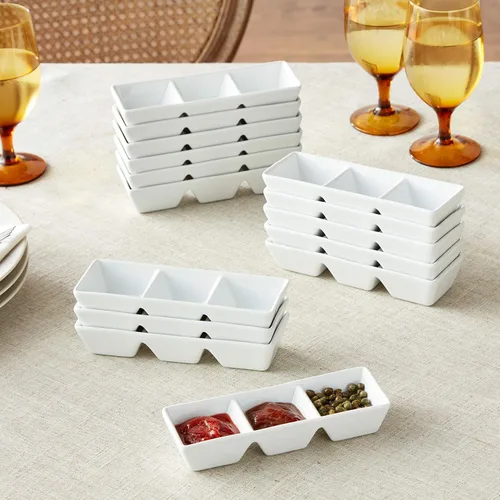Miniatura 6 de CAC China CN-3T7 Bandeja dividida de 7 pulgadas por 2-1/2 pulgadas, 1.5 onzas, 3 bandejas rectangulares de porcelana súper blanca con 3