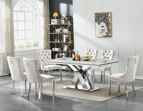 Miniatura 12 de Henf Juego de mesa de comedor de mármol sintético de 68 pulgadas para 6, juego de mesa de comedor de 7 piezas con 6 sillas copetudas de terciopelo