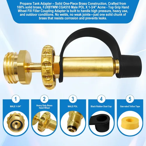 Miniatura 5 de CGA510 macho POL X 1-3/4 "Roscado Top Grip Llenador de la rueda de mano Adaptador de acoplamiento, Adaptador de tanque de propano, Adaptador