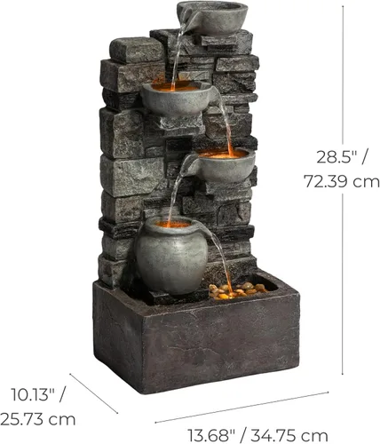 Miniatura 4 de Teamson Home Fuente de agua en cascada de piedra apilada de 4 niveles para exteriores de 28.5 pulgadas con luces LED, gris