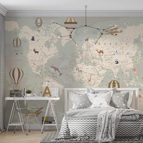 Miniatura 8 de Papel tapiz de mapa del mundo para niños con animales, calcomanías educativas para despegar y pegar, murales de guardería para bebés, niños