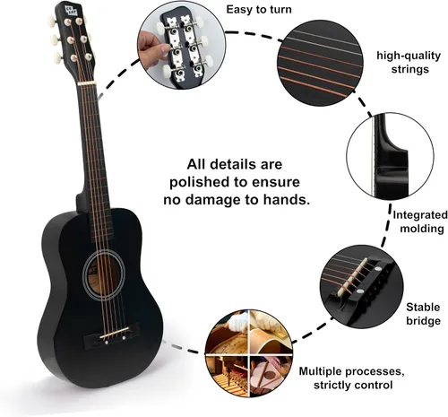 Miniatura 3 de Guitarra acústica de cuerdas de metal de 30 pulgadas, regalo para niñas, juguetes musicales para niños, instrumento musical (negro-2)