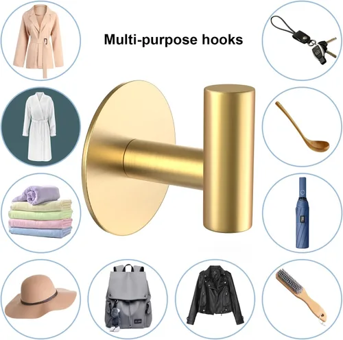 Miniatura 8 de Ganchos de pared de acero inoxidable dorado, ganchos autoadhesivos resistentes para abrigos, toallas, batas, sombreros, delantales – Sin perforación