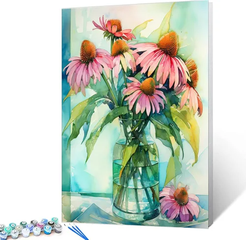 Miniatura 12 de Tucocoo Kits de pintura floral de amapola por números con pinceles y pigmento acrílico sobre lienzo para adultos, hermosos jarrones, flores, Obras
