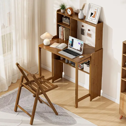 Miniatura 4 de Escritorio plegable de bambú de 31.1 pulgadas con estantería, escritorio compacto para computadora para espacios pequeños, escritorio plegable