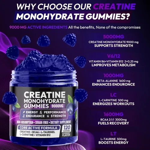 Miniatura 3 de AEQNJV Gomitas de Creatina Monohidrato Complejo para Hombres y Mujeres, 9000MG Suplemento de Creatina Pre-Entrenamiento Mejora la Fuerza Muscular