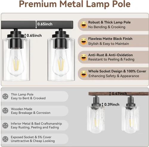 Miniatura 5 de Lámparas de baño de 5 luces negras mate, lámpara de tocador moderna de 31 pulgadas para baño, luces de tocador de baño sobre espejo con pantallas