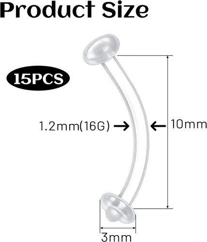 Miniatura 2 de 15 piercings transparentes para cejas, curvados de 0.63 onzas, retenedores de piercing de ombligo, aretes flexibles para cartílago, cejas, lengua