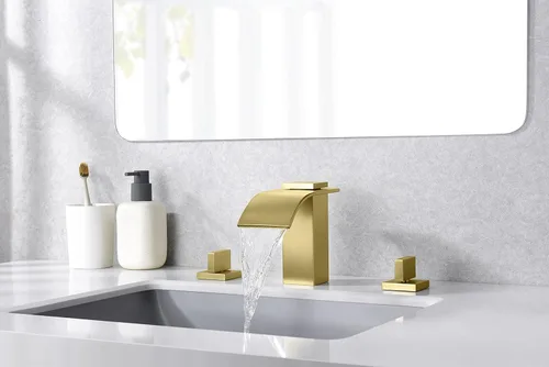 Miniatura 3 de SUMERAIN Grifo de baño de cascada de oro cepillado 3 agujeros 8 pulgadas grifo de lavabo de baño extendido